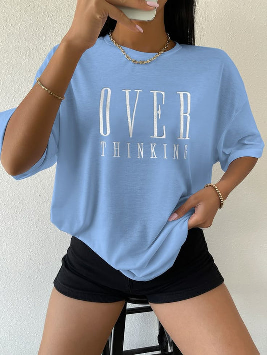 Drop Shoulder Over Thinking Printed Tee